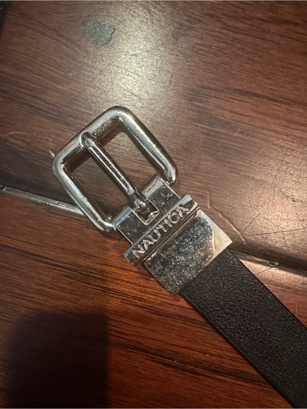 Nautica Black Leather Men's Belt with Silver Buckle and Logo